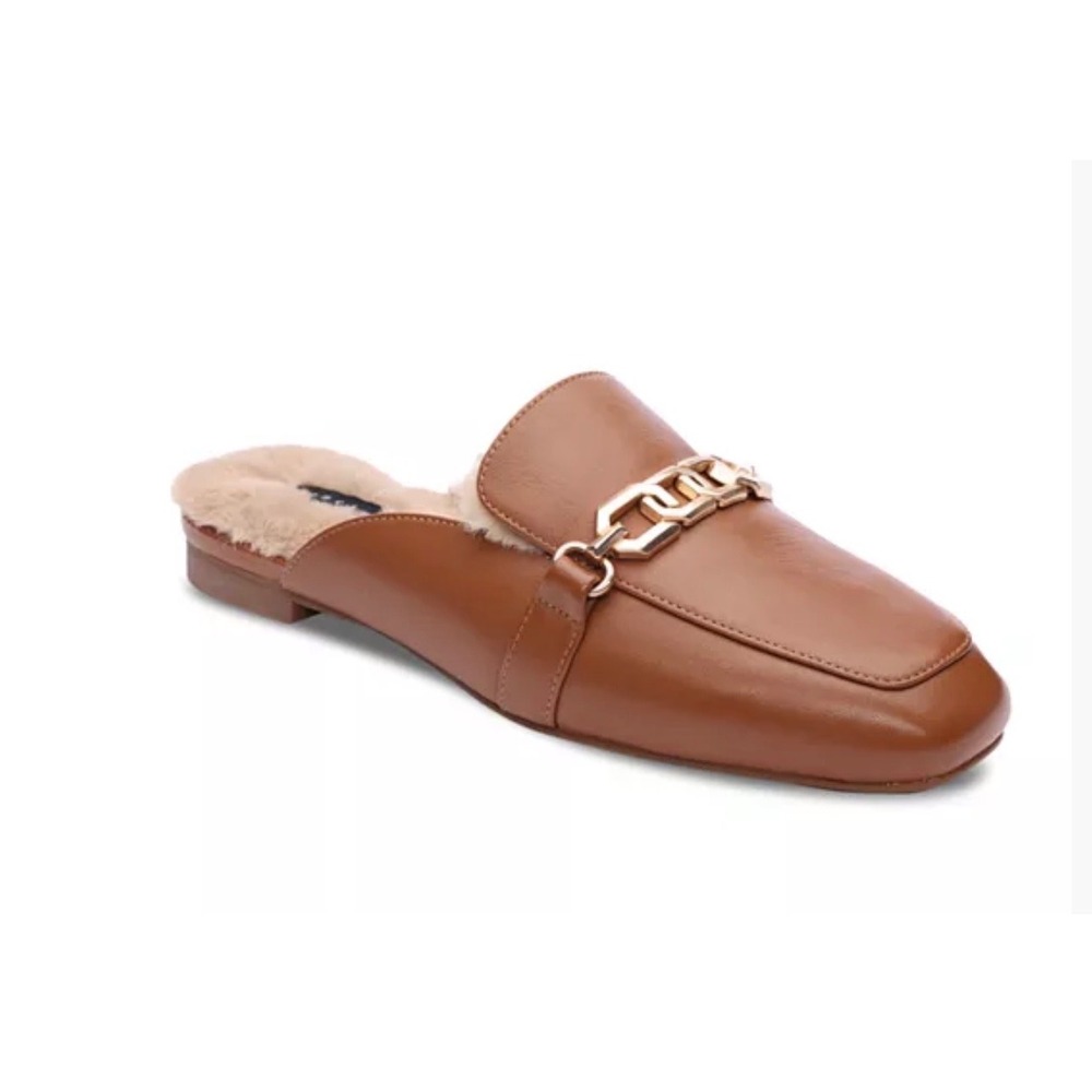 Sanctuary Bigtime Leather Faux Fur Lined Mules Women's 10M Brown Slip On Loafers